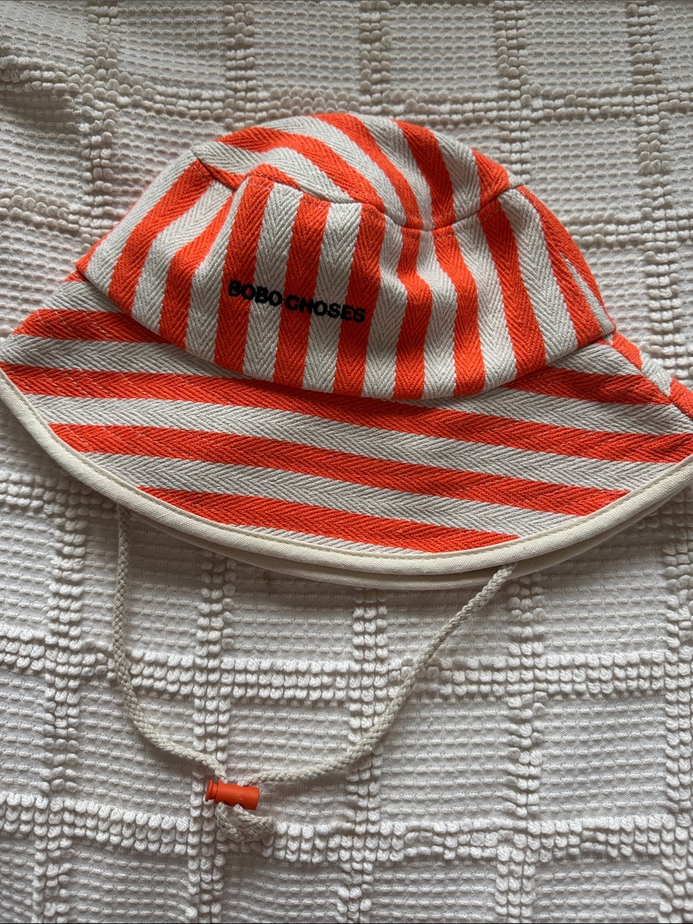 Bobo Choses Orange & Cream Striped Kids Bucket Hat with Chin Strap
